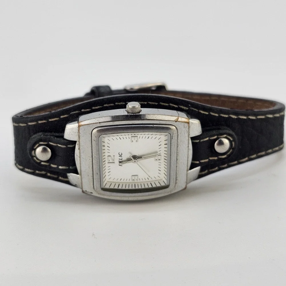 Relic Women's Watch 26mm Gray Dial Black Leather‎ Cuff Band New Battery